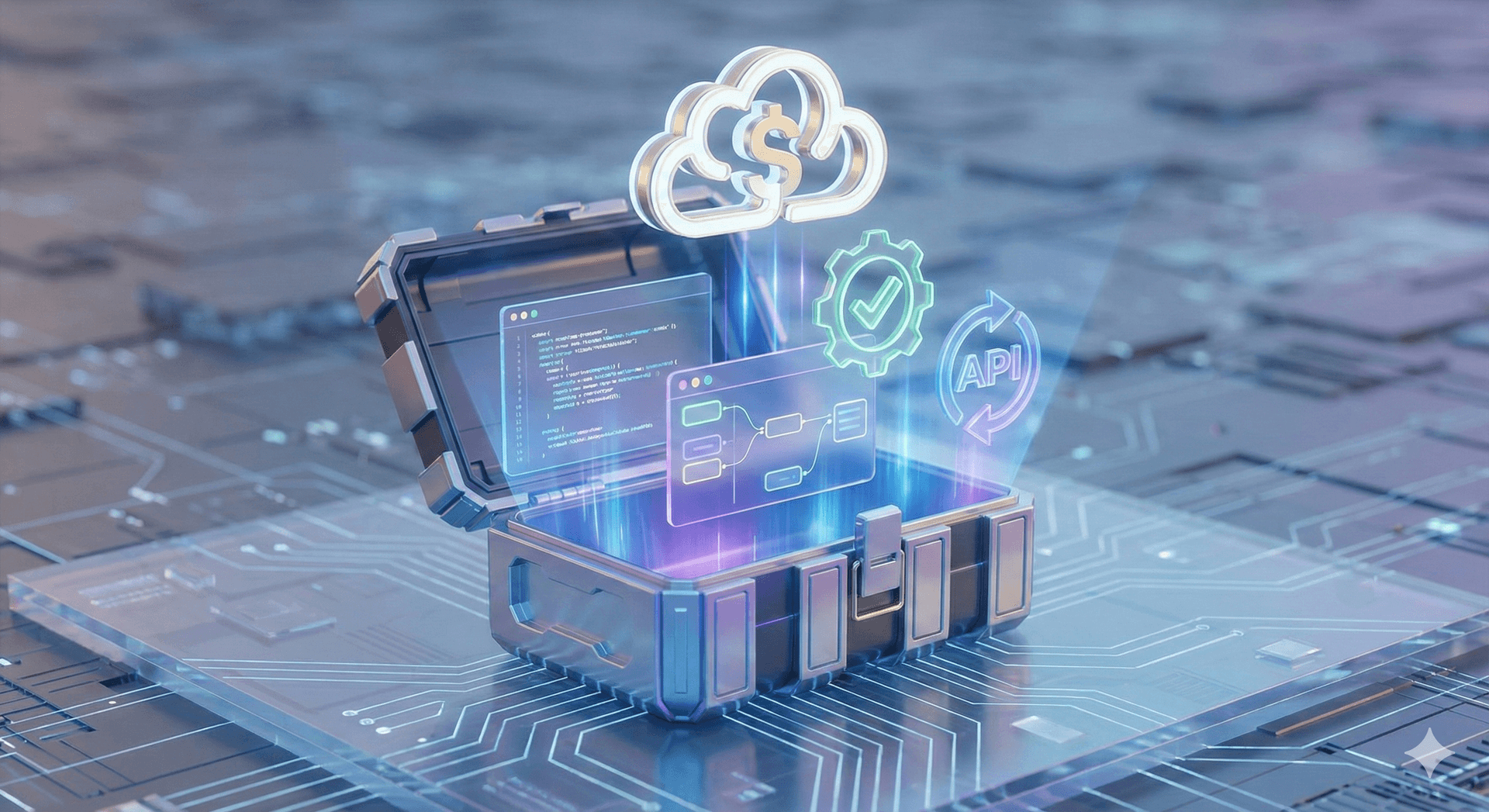 Forceweaver Developer Toolkit - Futuristic 3D toolbox with holographic projections showing code editor, schema builder, automated testing checkmark, and API integration icons floating towards a Revenue Cloud logo, representing professional Salesforce development tools